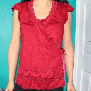 Vintage red floral lace surplice blouse